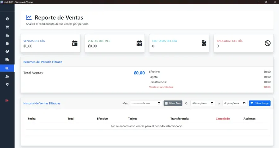 Pantalla de reportes y estadísticas del sistema Uruk POS